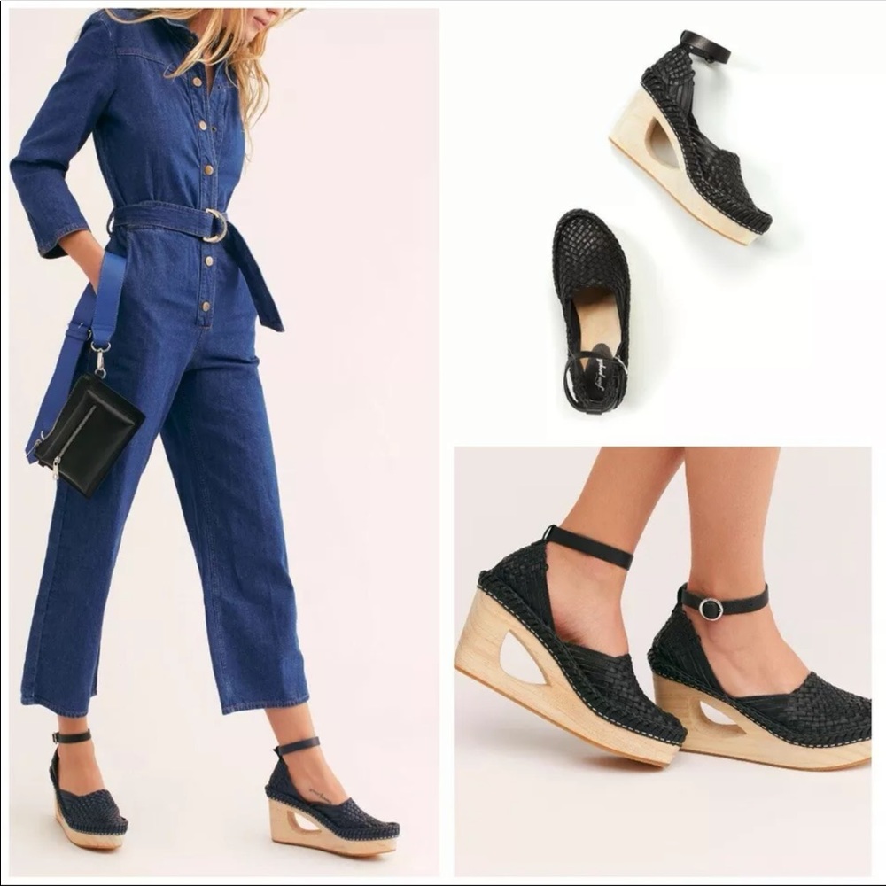 (AN) Free People Black Metallic Teagan Leather Huarache Clog Size 38 US 8